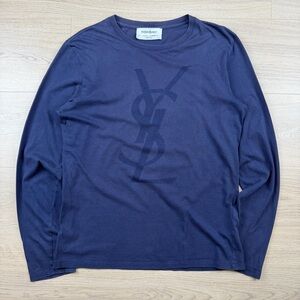 Vintage Yves Saint Laurent Logo Long Sleeve T-Shirt Top Womens Medium Blue